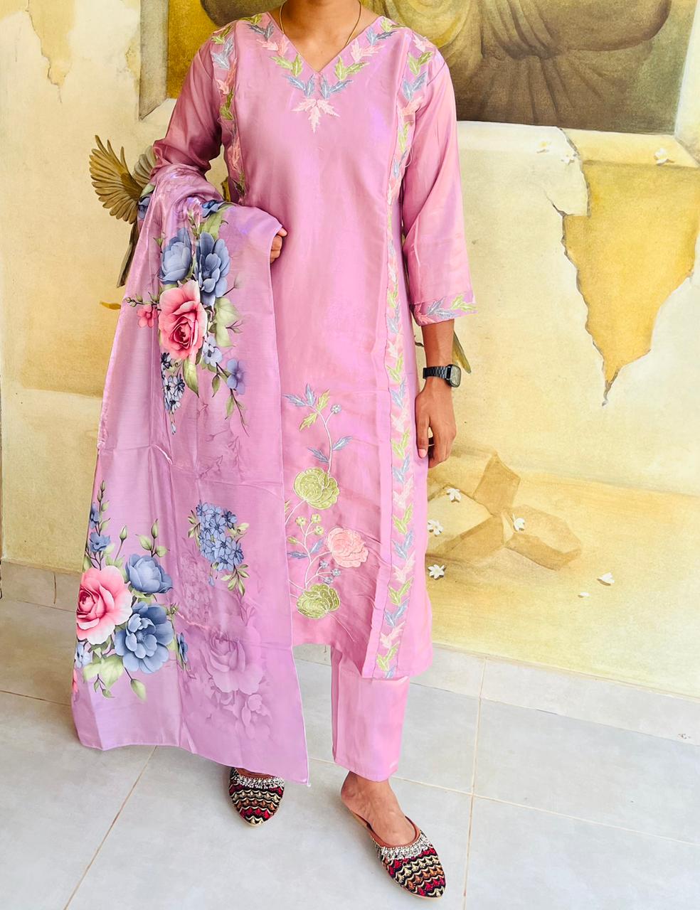 silk blended lavender churidar set